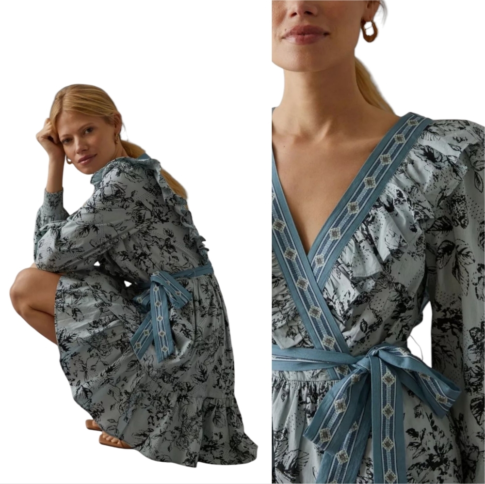Anthropologie Ruffle Wrap Mini Dress Floral Long Sleeve Cottagecore Woma… - Picture 17 of 17